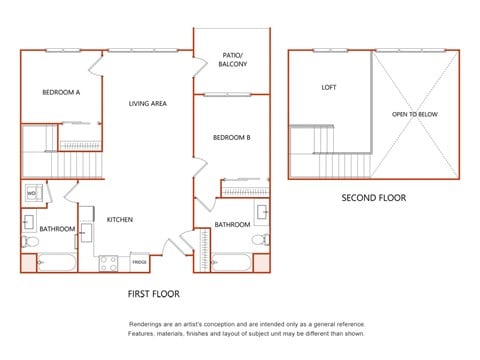 Floor plan for 2 beds, 2 baths, 1088 sqft